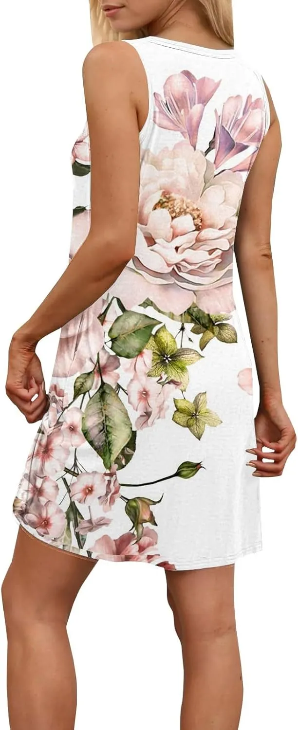 Womens Summer Dresses 2025 Crew Neck Sleeveless Floral Graphic Sundresses Boho Beach Dress Loose Beach Midi Dress