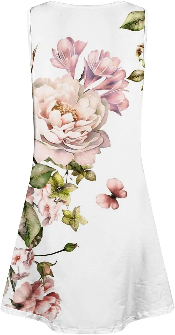 Womens Summer Dresses 2025 Crew Neck Sleeveless Floral Graphic Sundresses Boho Beach Dress Loose Beach Midi Dress