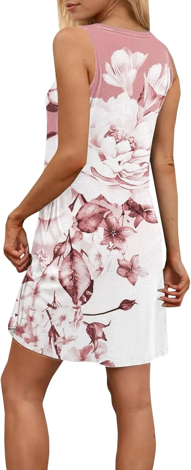 Womens Summer Dresses 2025 Crew Neck Sleeveless Floral Graphic Sundresses Boho Beach Dress Loose Beach Midi Dress