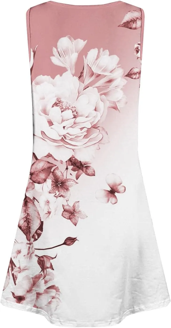 Womens Summer Dresses 2025 Crew Neck Sleeveless Floral Graphic Sundresses Boho Beach Dress Loose Beach Midi Dress