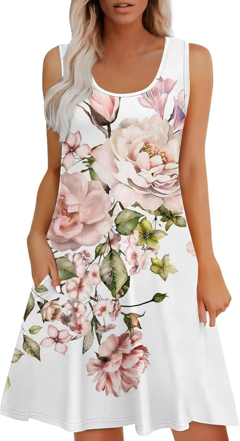 Womens Summer Dresses 2025 Crew Neck Sleeveless Floral Graphic Sundresses Boho Beach Dress Loose Beach Midi Dress