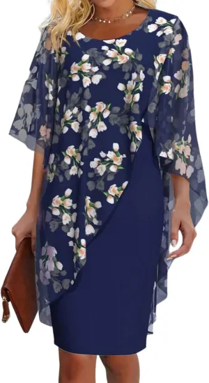 Womens Summer Dresses 2025 Loose Round Neck Shift Dresses Elegant Blue Floral Print Mini Dress Vacation Dresses Over 50