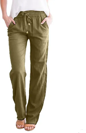 Women's Summer High Waisted Linen Pants Straight Leg Drawstring Beach Pants Casual Loose Comfy Trousers with Pockets