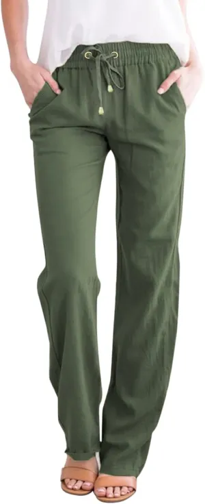 Women's Summer High Waisted Linen Pants Straight Leg Drawstring Beach Pants Casual Loose Comfy Trousers with Pockets