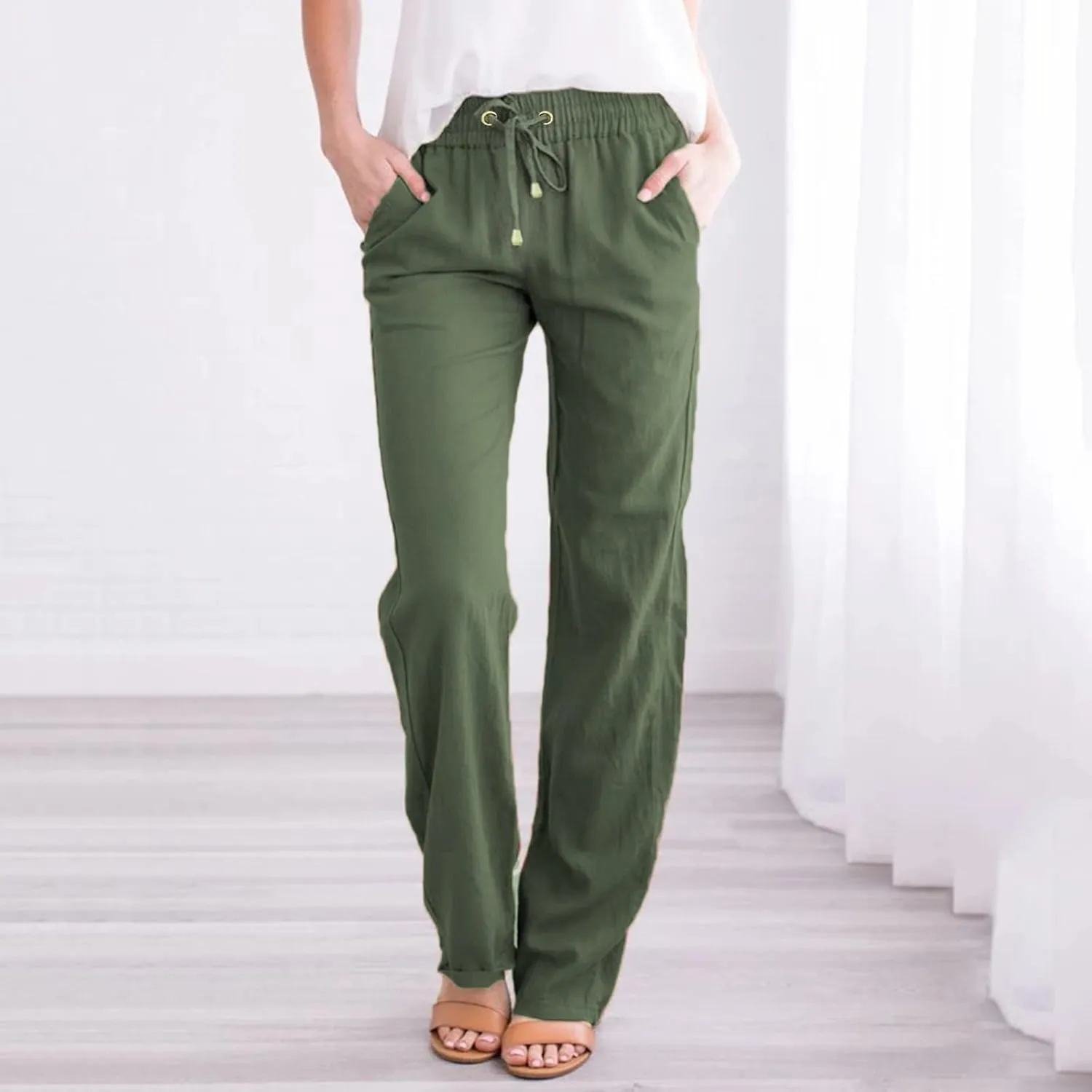 Women's Summer High Waisted Linen Pants Straight Leg Drawstring Beach Pants Casual Loose Comfy Trousers with Pockets