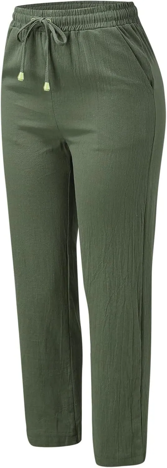Women's Summer High Waisted Linen Pants Straight Leg Drawstring Beach Pants Casual Loose Comfy Trousers with Pockets