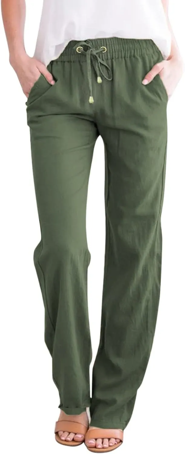 Women's Summer High Waisted Linen Pants Straight Leg Drawstring Beach Pants Casual Loose Comfy Trousers with Pockets