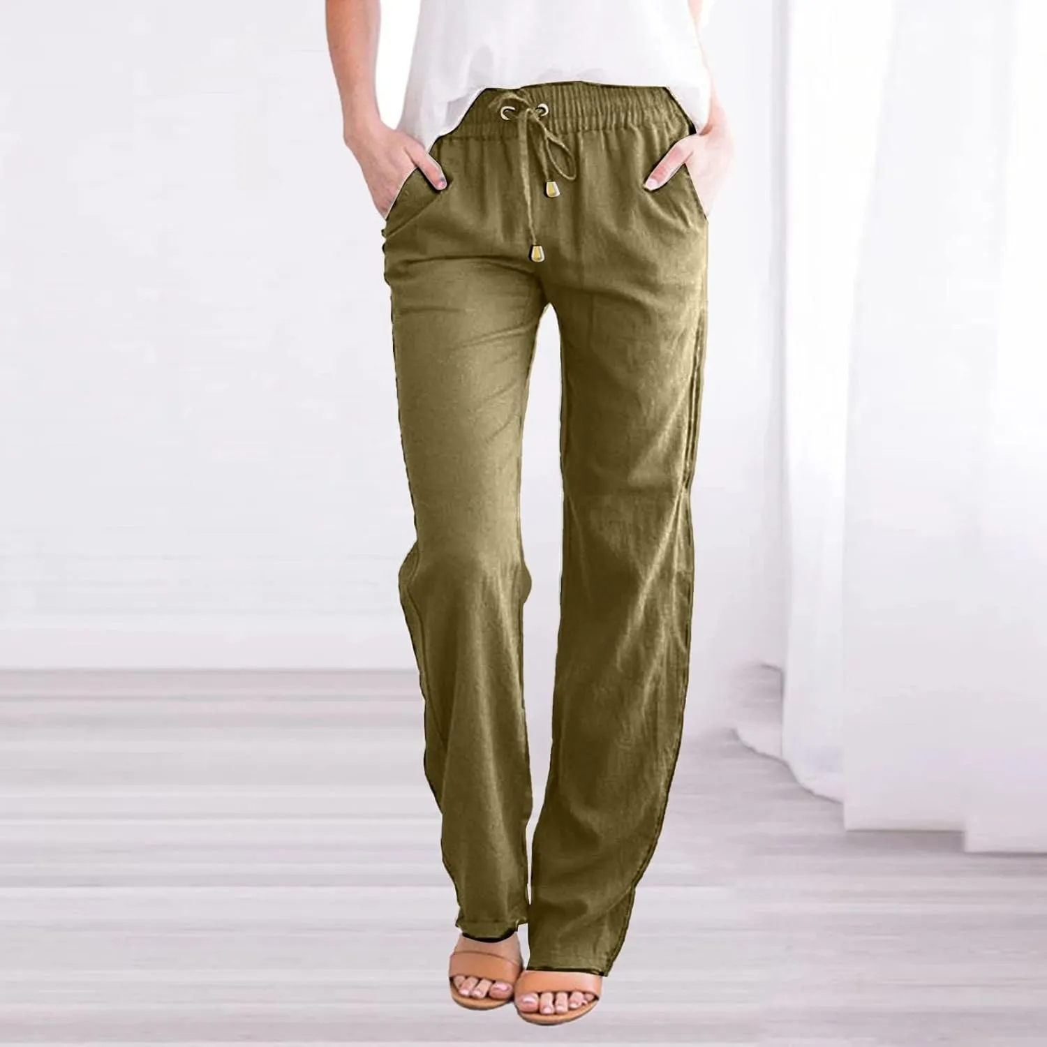 Women's Summer High Waisted Linen Pants Straight Leg Drawstring Beach Pants Casual Loose Comfy Trousers with Pockets