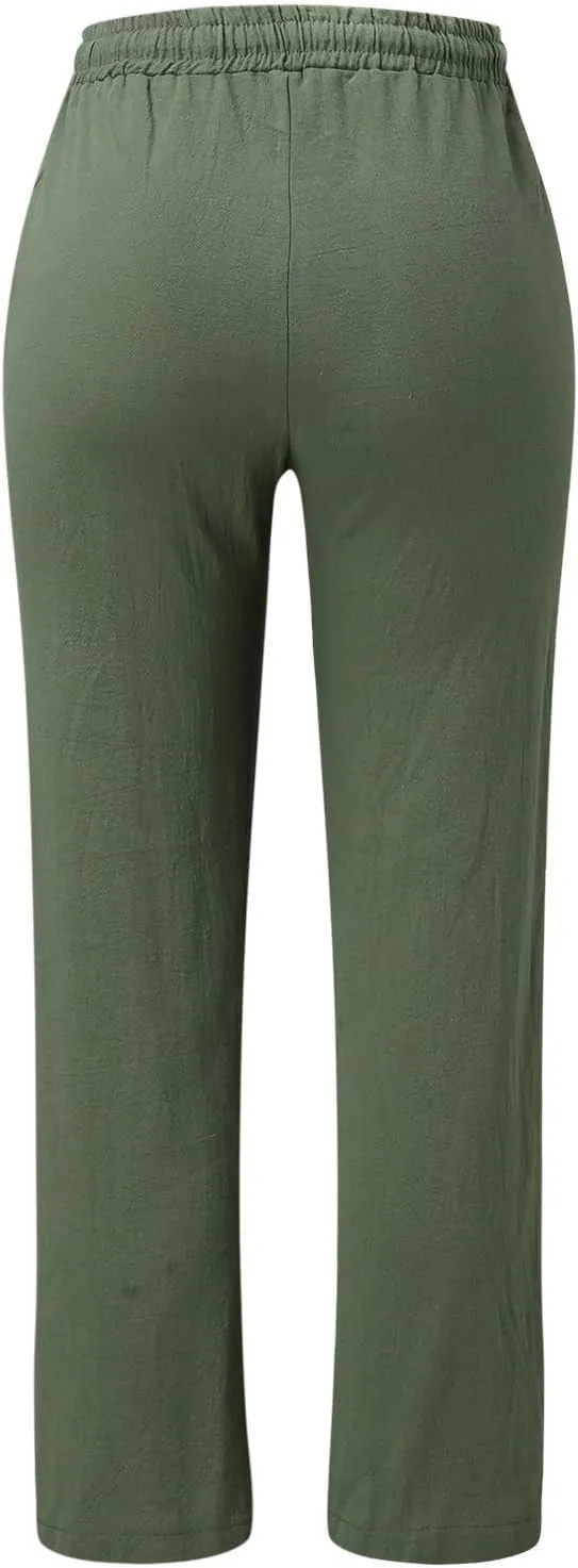 Women's Summer High Waisted Linen Pants Straight Leg Drawstring Beach Pants Casual Loose Comfy Trousers with Pockets