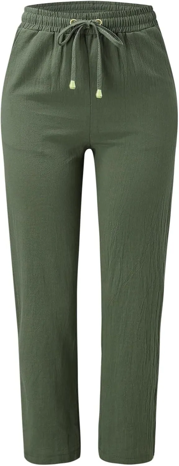 Women's Summer High Waisted Linen Pants Straight Leg Drawstring Beach Pants Casual Loose Comfy Trousers with Pockets