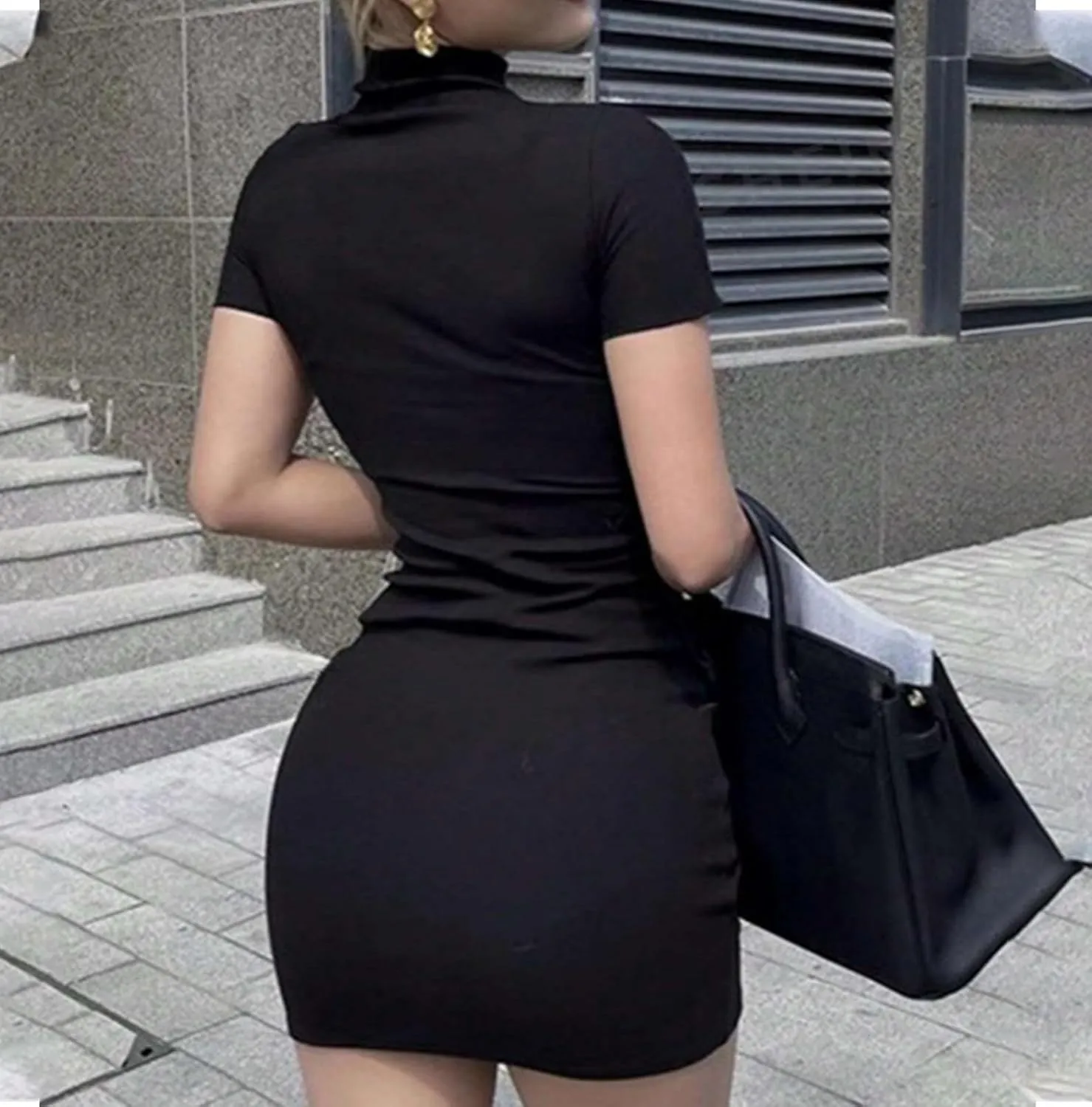 Women's Summer Sexy Slim Trendy Dress Solid Color High Neck Short Sleeve Mini Dresses, XS-XL