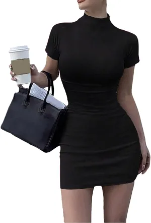 Women's Summer Sexy Slim Trendy Dress Solid Color High Neck Short Sleeve Mini Dresses, XS-XL