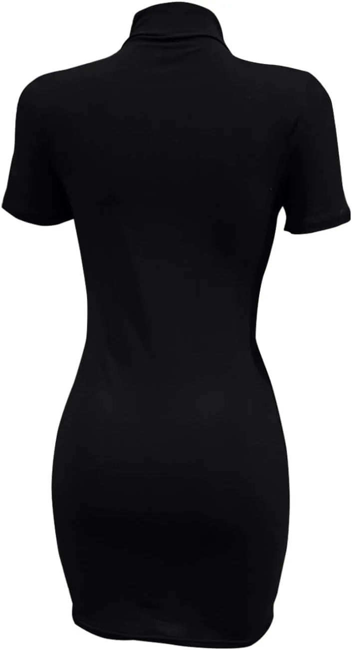 Women's Summer Sexy Slim Trendy Dress Solid Color High Neck Short Sleeve Mini Dresses, XS-XL