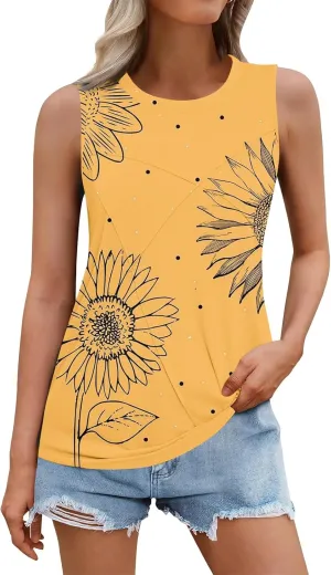 Women's Summer Tank Tops 2025 Fashion Pleated Crew Neck Floral Loose Fit Casual Sleeveless Flowy Boho Tunic Shirts