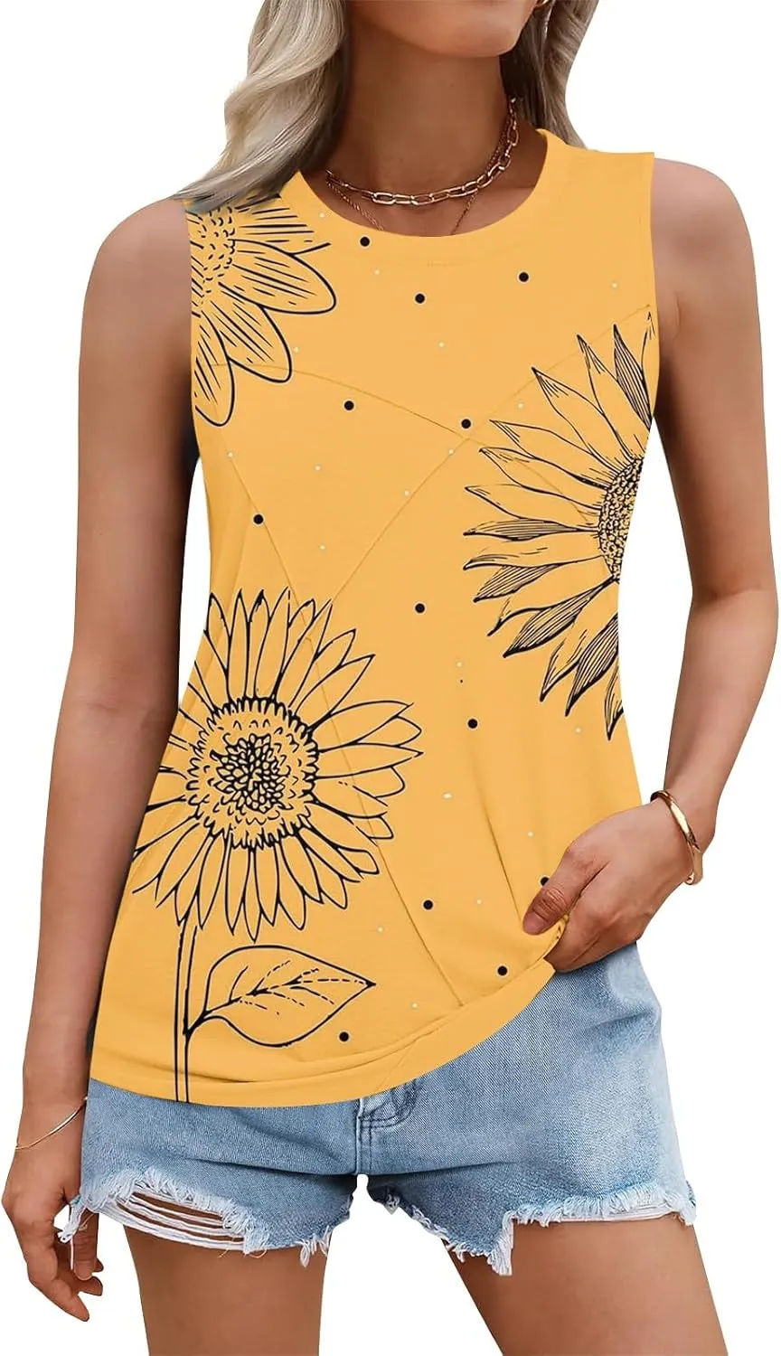 Women's Summer Tank Tops 2025 Fashion Pleated Crew Neck Floral Loose Fit Casual Sleeveless Flowy Boho Tunic Shirts