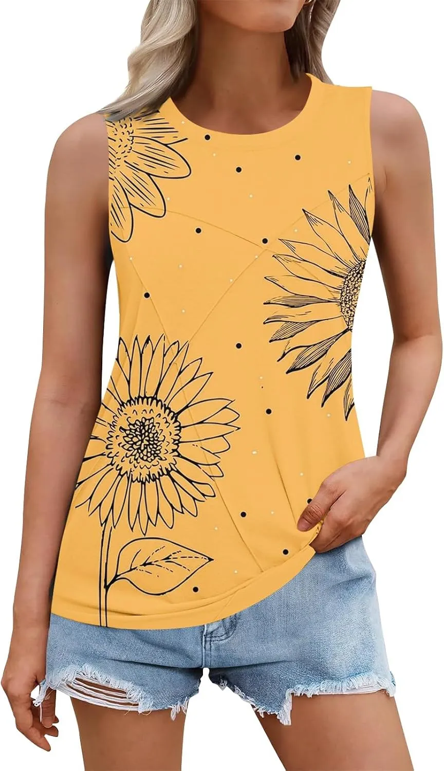 Women's Summer Tank Tops 2025 Fashion Pleated Crew Neck Floral Loose Fit Casual Sleeveless Flowy Boho Tunic Shirts