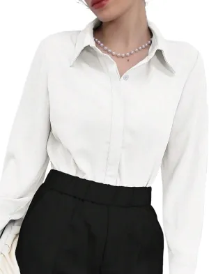 Womens Summer Work Blouse Solid Color Button-Front Long Sleeve Shirt Long Sleeve Tops Tops