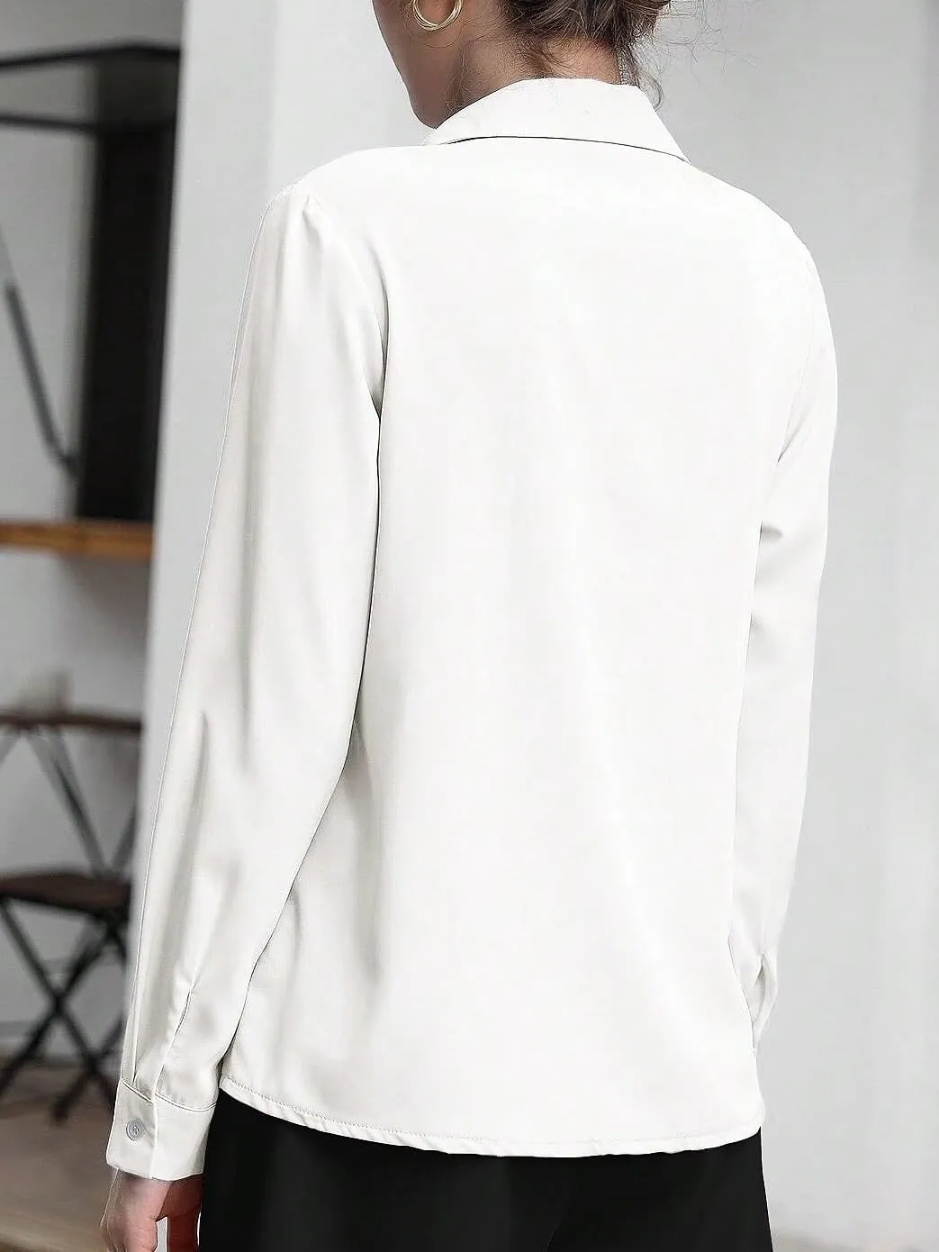Womens Summer Work Blouse Solid Color Button-Front Long Sleeve Shirt Long Sleeve Tops Tops