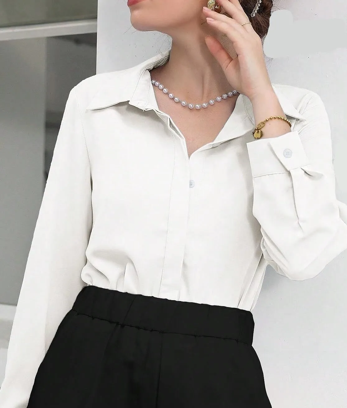 Womens Summer Work Blouse Solid Color Button-Front Long Sleeve Shirt Long Sleeve Tops Tops