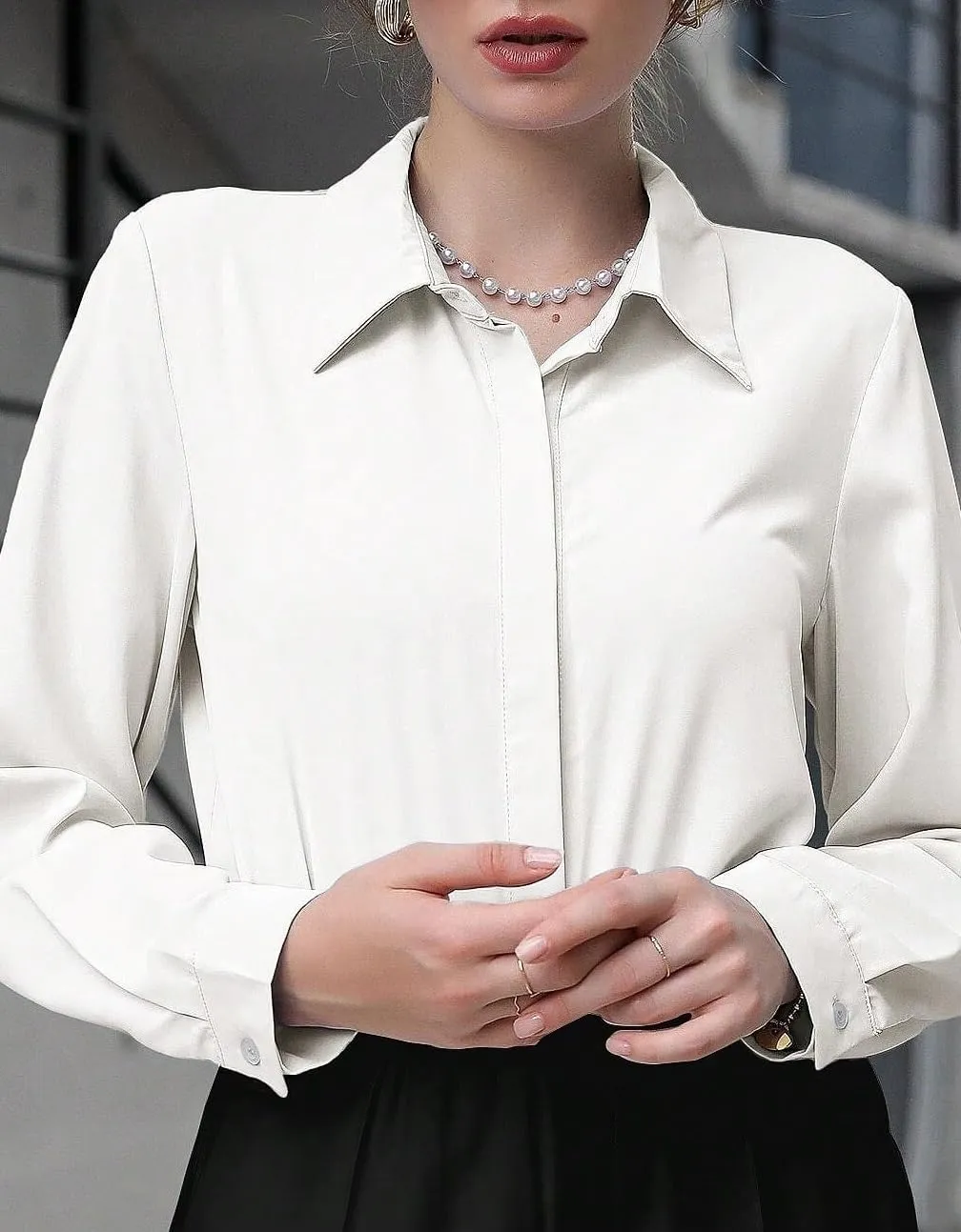 Womens Summer Work Blouse Solid Color Button-Front Long Sleeve Shirt Long Sleeve Tops Tops