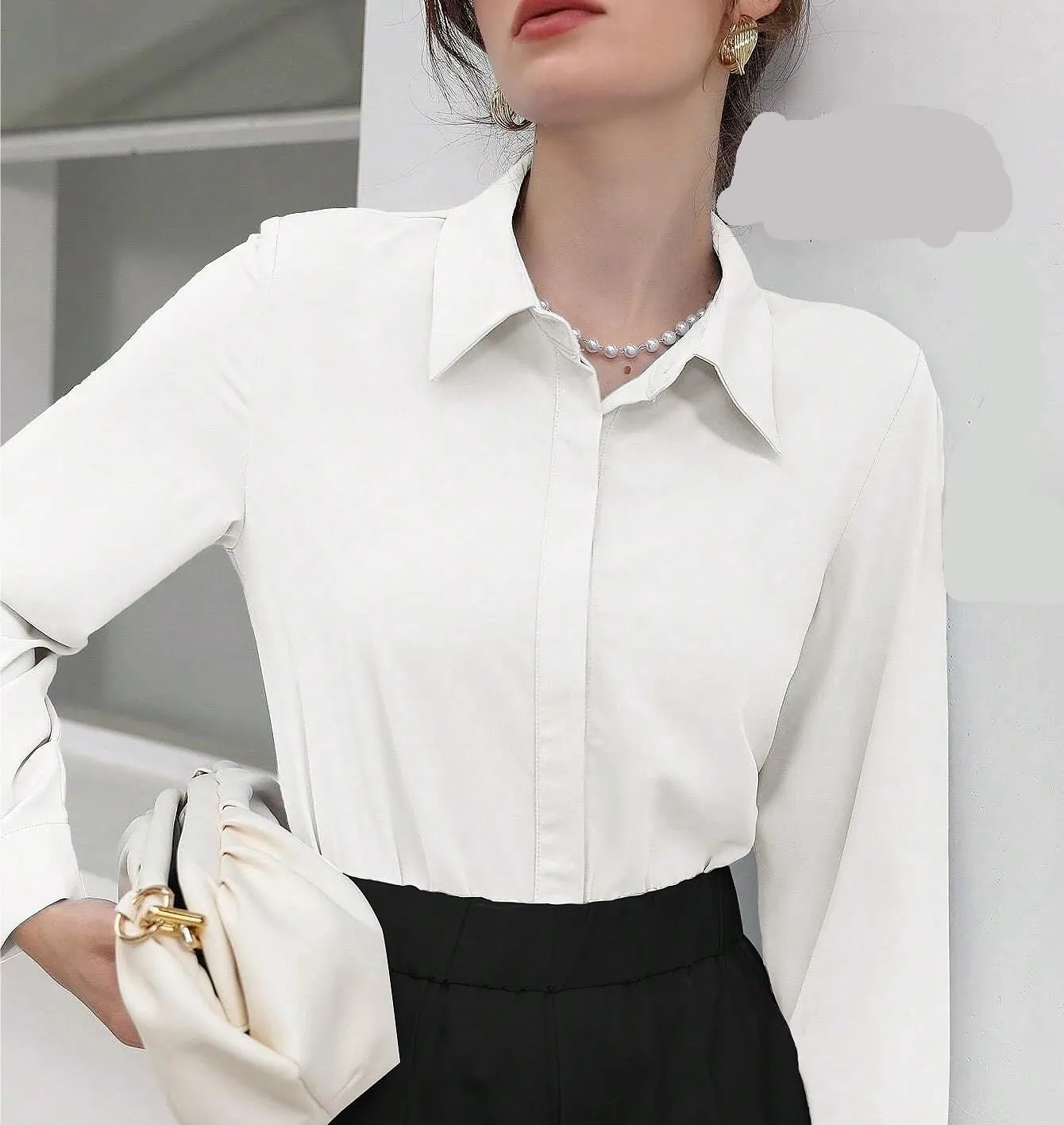 Womens Summer Work Blouse Solid Color Button-Front Long Sleeve Shirt Long Sleeve Tops Tops