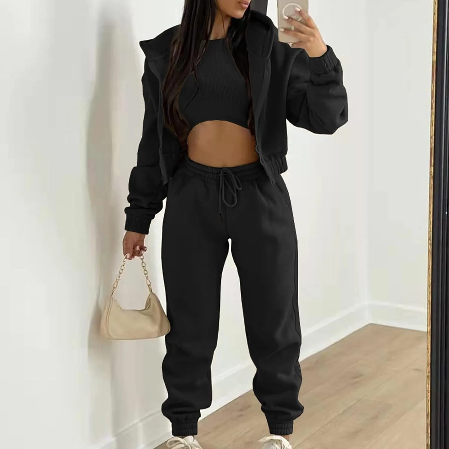 Womens Sweatsuits 3 Piece Set, Loose Pullover Hoodies Tops and Sweatpants Tracksuit Jogger Set Lounge Matching Set