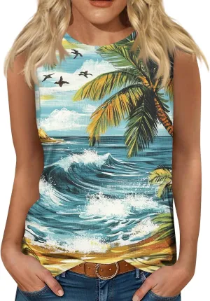 Womens Tank Tops Round Neck Printed Shirts 2025 Summer Casual Loose Fit Sleeveless Cute Basic Tanks Tee for Women