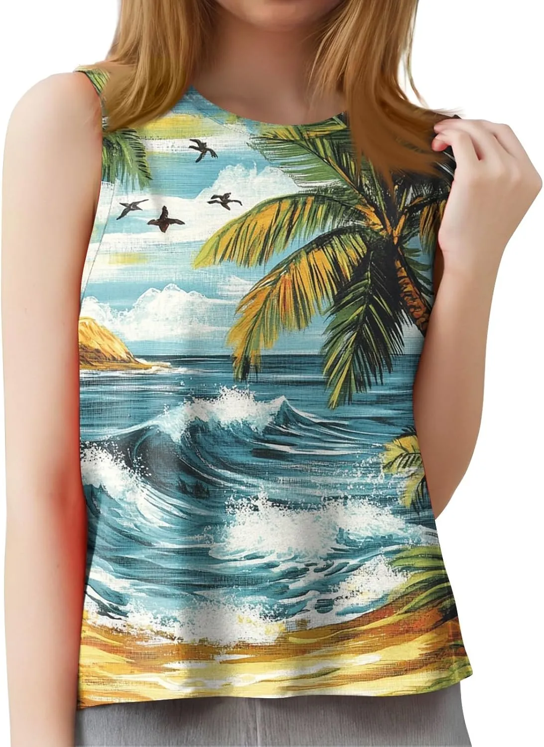 Womens Tank Tops Round Neck Printed Shirts 2025 Summer Casual Loose Fit Sleeveless Cute Basic Tanks Tee for Women