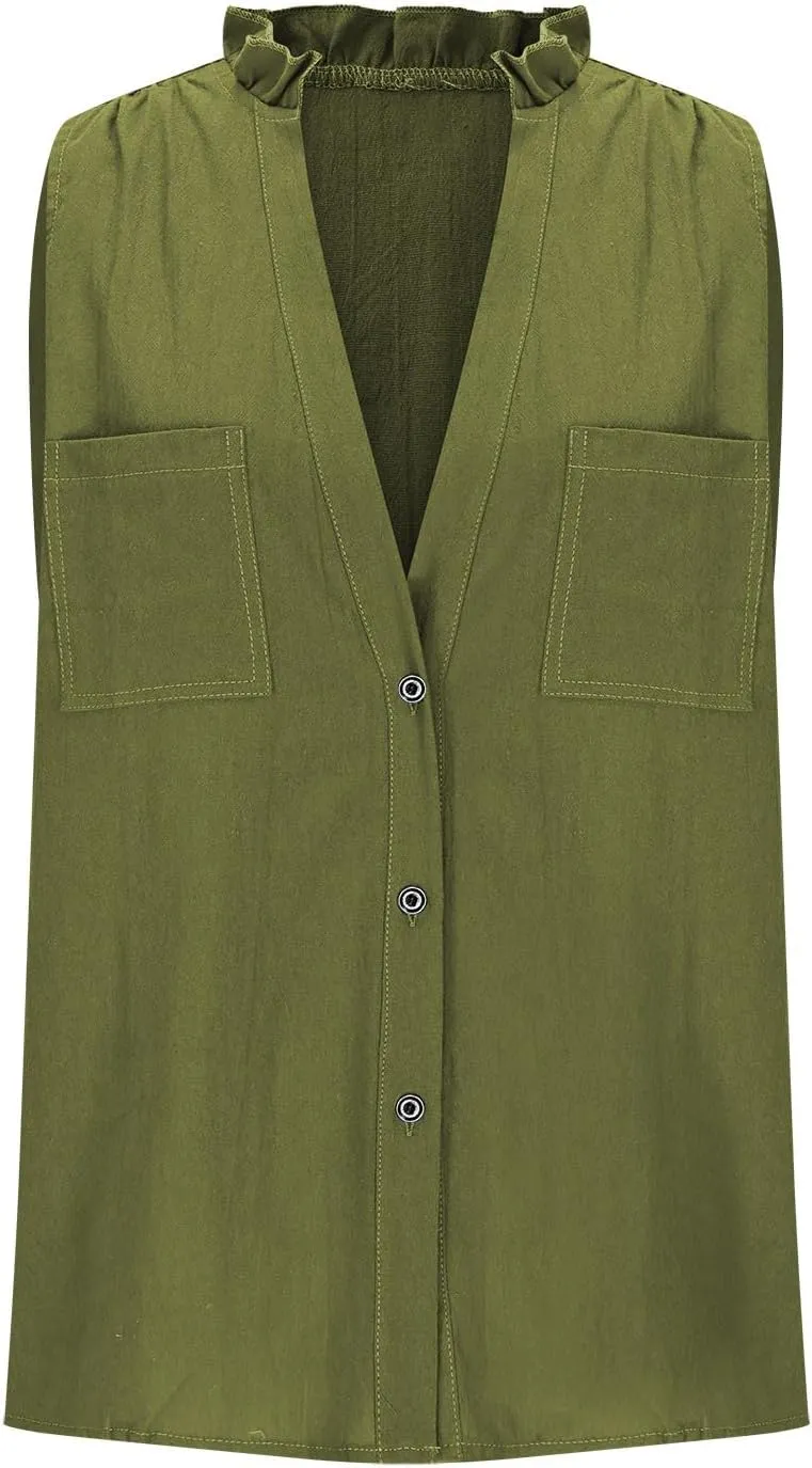 Womens Tank Tops Trendy V Neck Button Down Shirts Casual Cotton Linen Blouse Summer Sleeveless Tshirt