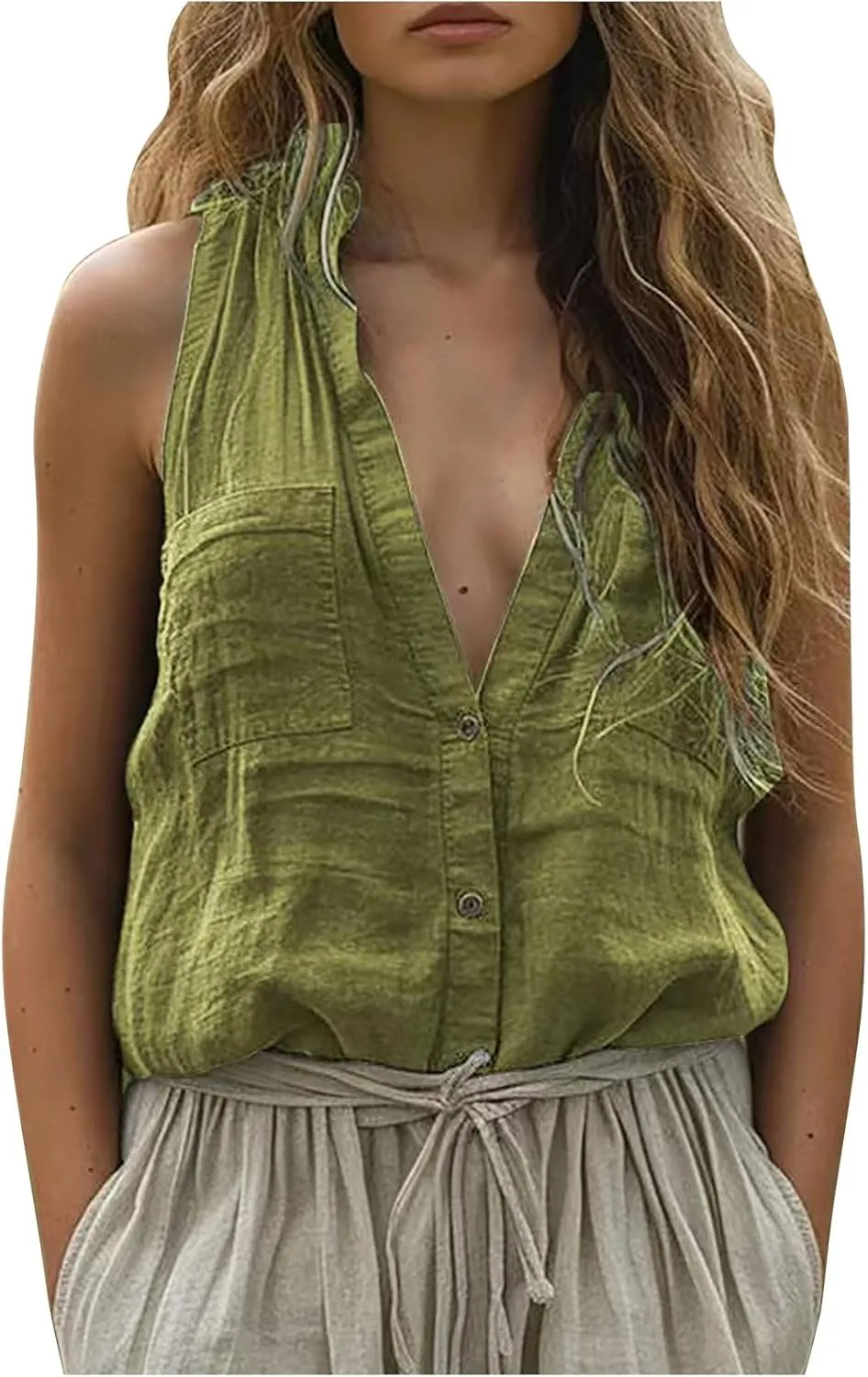 Womens Tank Tops Trendy V Neck Button Down Shirts Casual Cotton Linen Blouse Summer Sleeveless Tshirt