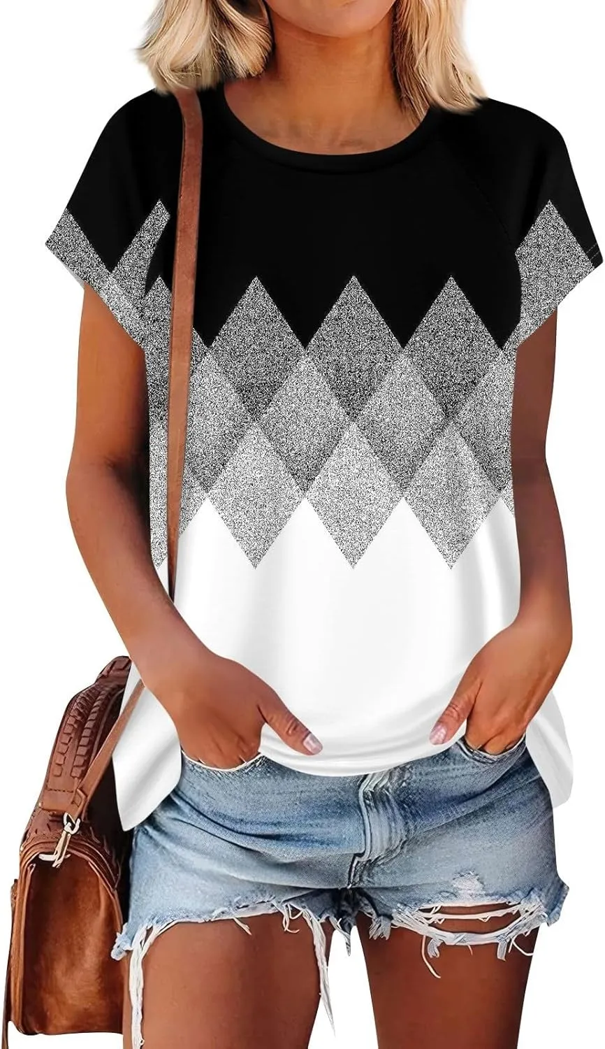 Womens Tops Short Sleeve T-Shirts 2025 Summer Dressy Casual Crew Neck Tunic Tops Loose Fit Shirts Blouses Outfits