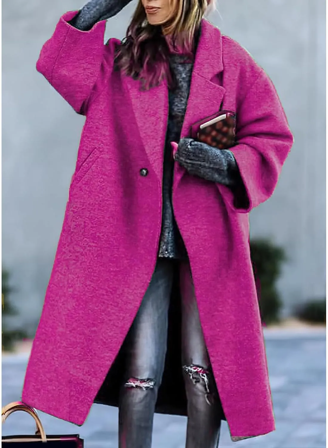 Womens Trench Coat Classic Single-Breasted Plus Size Overcoat Lapel Open Front Cardigan Wool Blend Outwerar