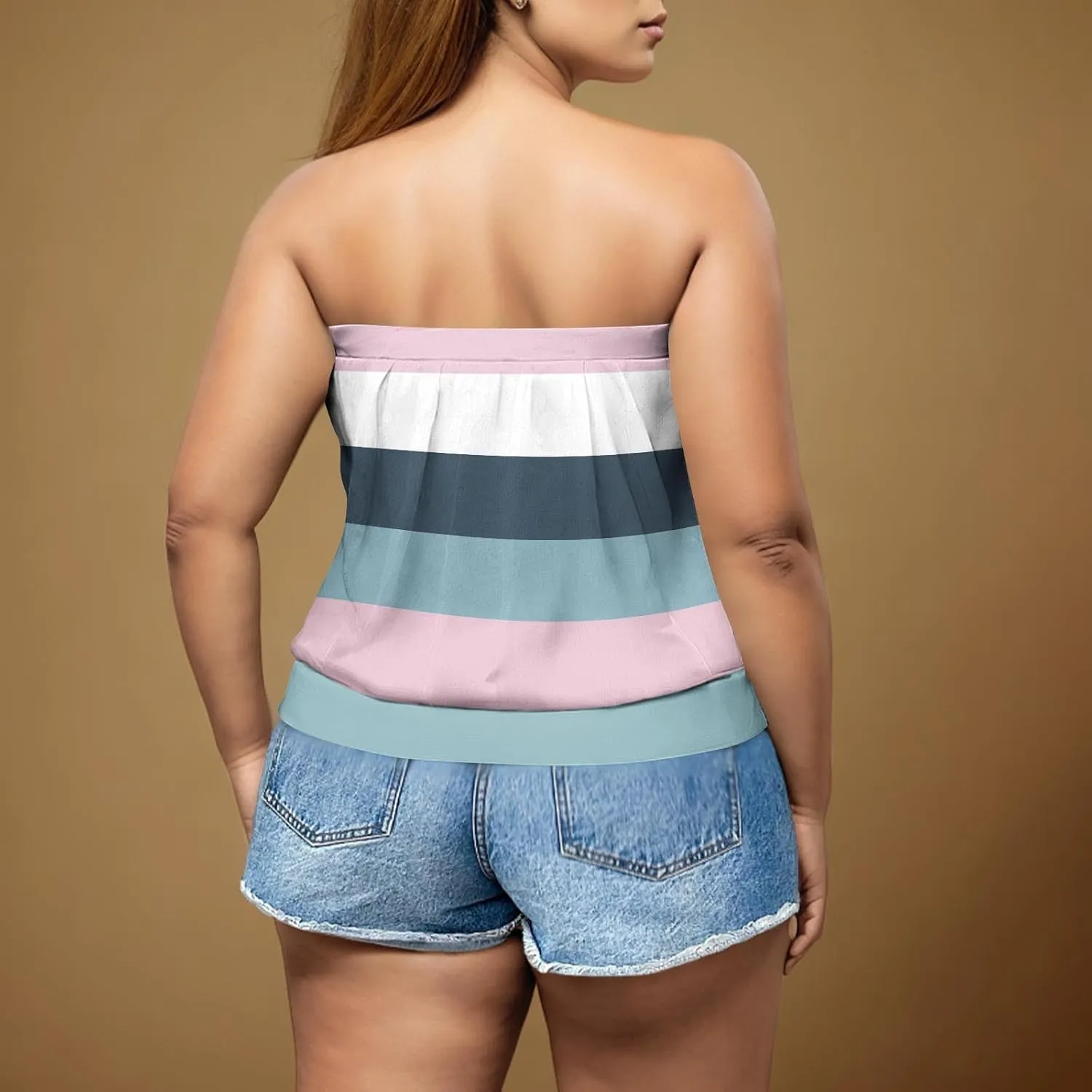Womens Trendy Tube Tank Tops Plus Size Summer Striped Printed Strapless Pleated Backless Vests Loose Comfy Top