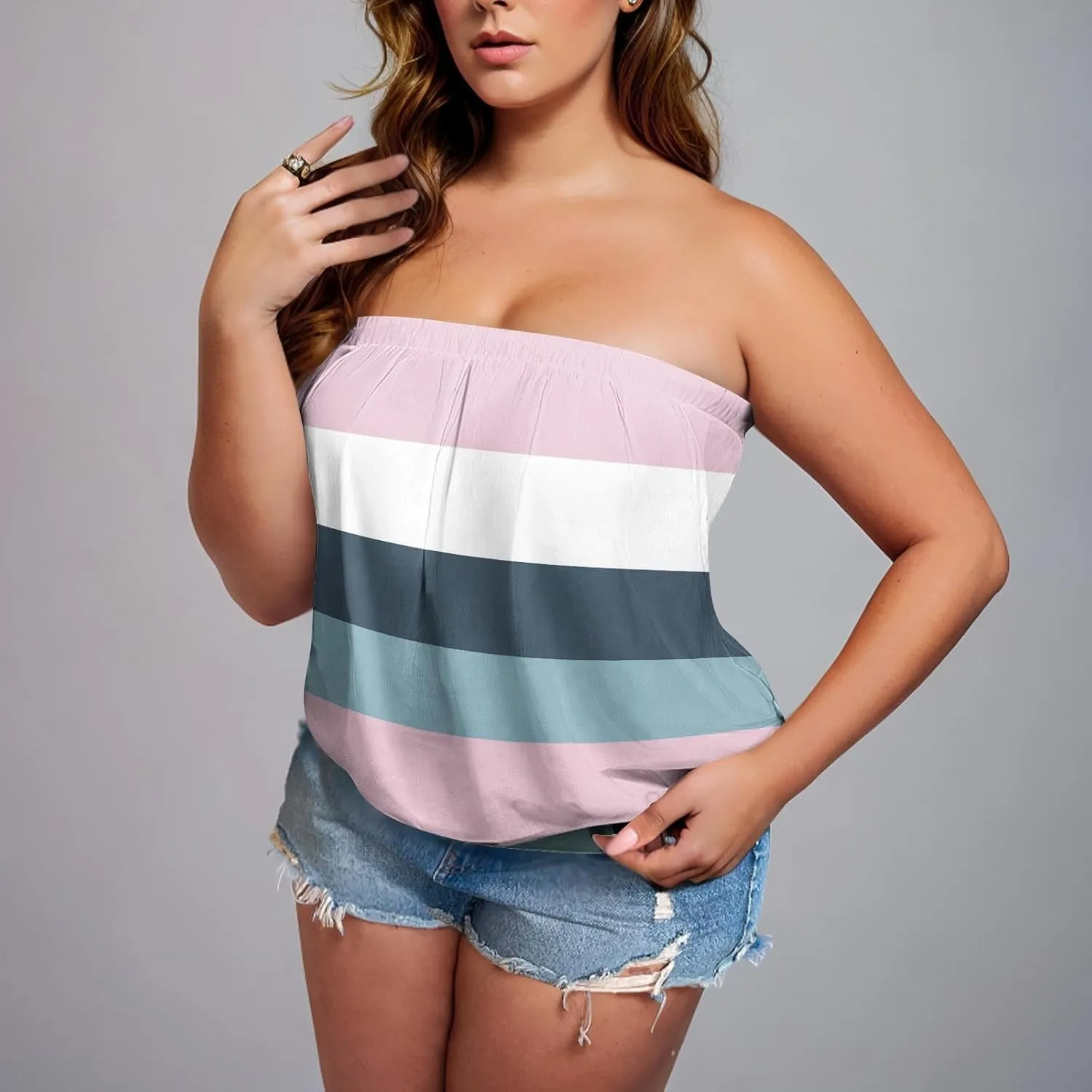 Womens Trendy Tube Tank Tops Plus Size Summer Striped Printed Strapless Pleated Backless Vests Loose Comfy Top