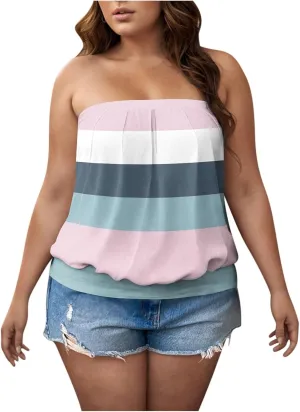 Womens Trendy Tube Tank Tops Plus Size Summer Striped Printed Strapless Pleated Backless Vests Loose Comfy Top