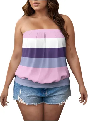 Womens Trendy Tube Tank Tops Plus Size Summer Striped Printed Strapless Pleated Backless Vests Loose Comfy Top