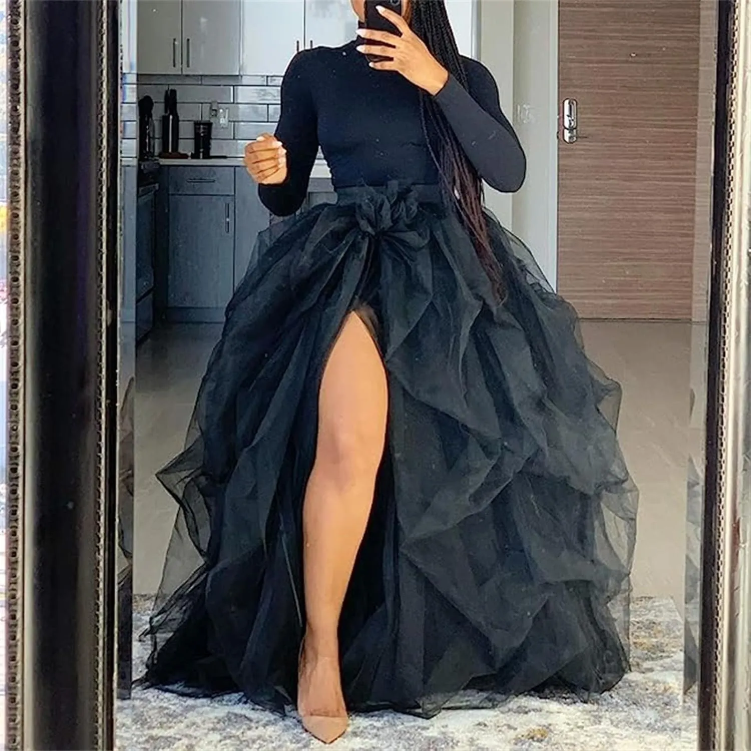 Women's Tulle Tutu Long Skirt High Waist Floor Length Layered Puffy Maxi Dresses A-Line Evening Party Wedding Skirt