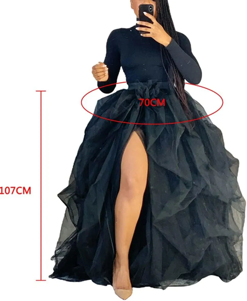 Women's Tulle Tutu Long Skirt High Waist Floor Length Layered Puffy Maxi Dresses A-Line Evening Party Wedding Skirt