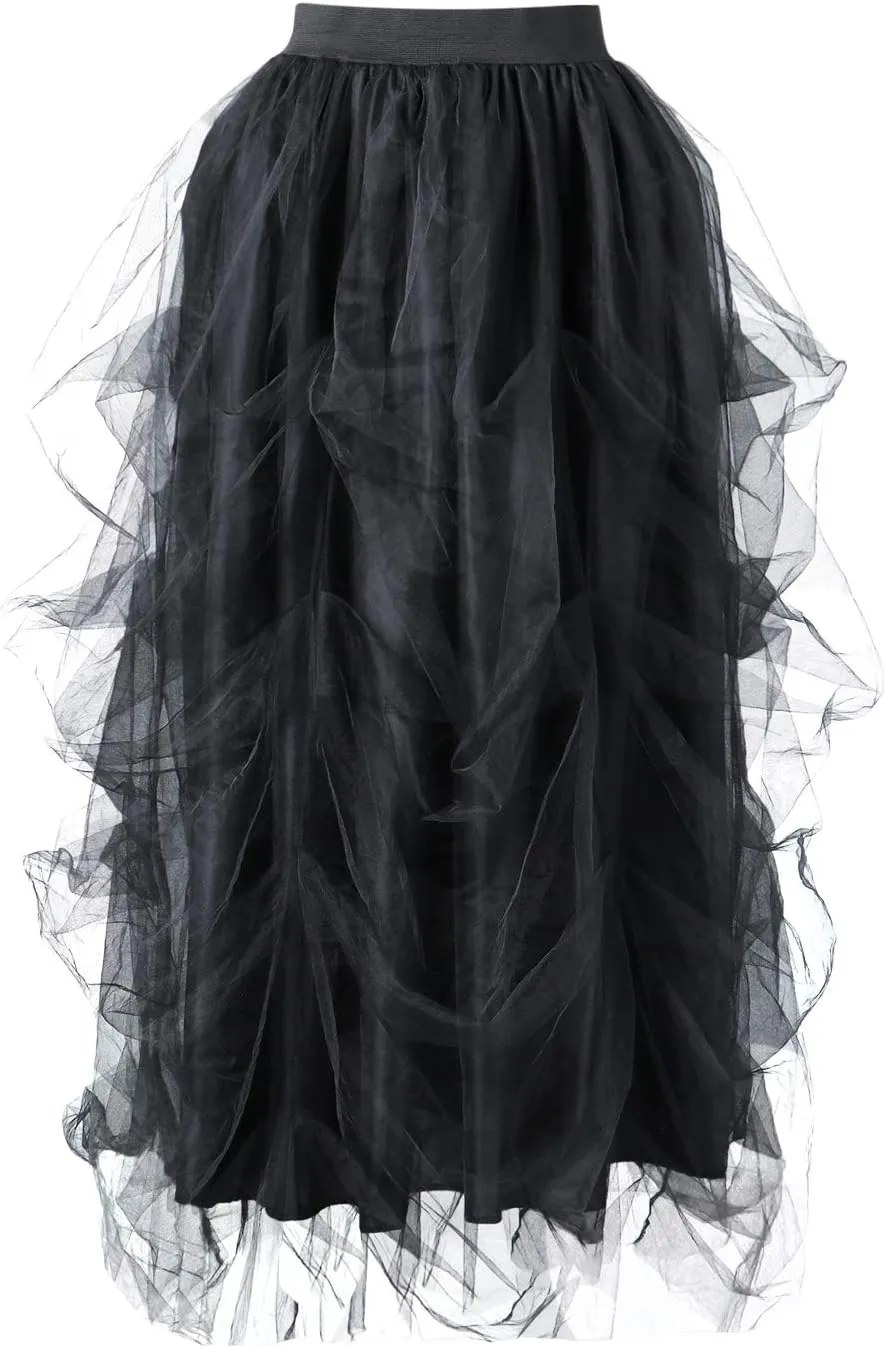 Women's Tulle Tutu Long Skirt High Waist Floor Length Layered Puffy Maxi Dresses A-Line Evening Party Wedding Skirt