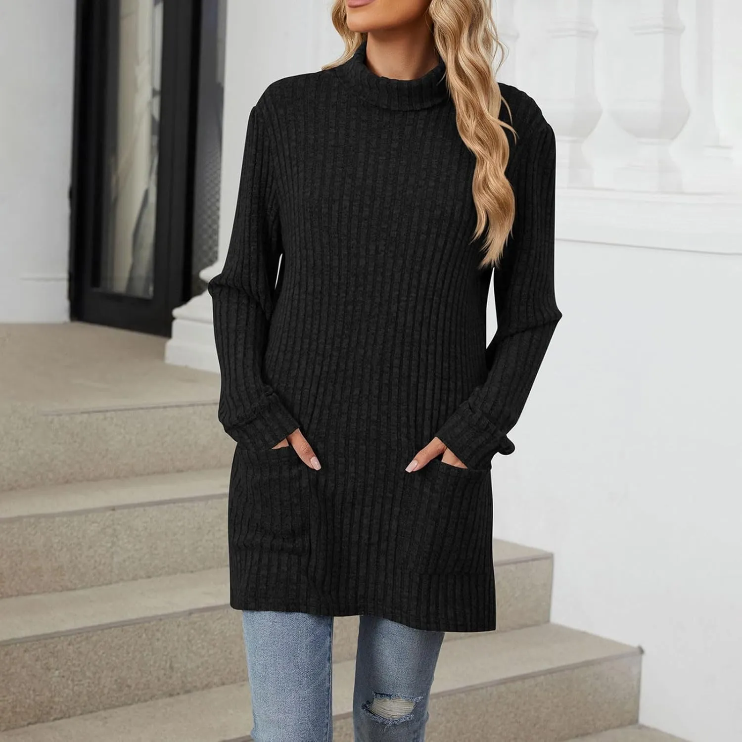 Womens Tunic Tops Sweater Turtleneck Long Sleeve Shirts Oversized Sweaters Pullover with Pockets Fall Fashion 2024