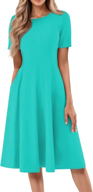 Women's Vacation Dresses 2025 Casual Loose Trendy Short Sleeve Round Neck Solid Color Gradient Midi Plus Size, S-3XL