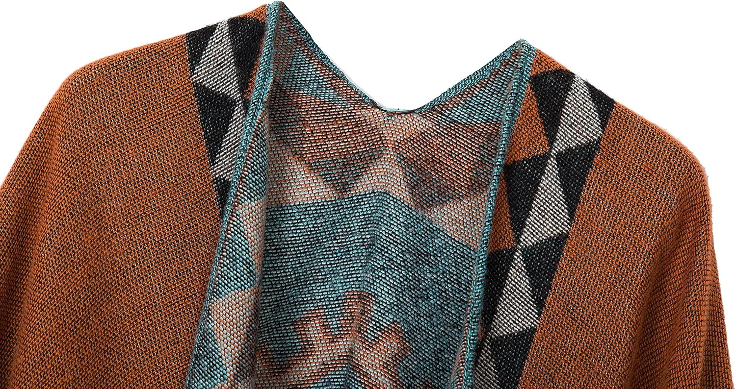 Women's Warm Shawls Wraps Open Front Cardigan Vintage Pattern Poncho Cape Sweater Coat