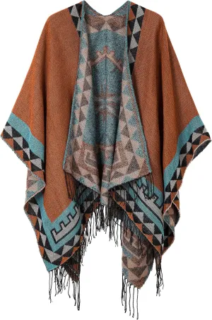 Women's Warm Shawls Wraps Open Front Cardigan Vintage Pattern Poncho Cape Sweater Coat