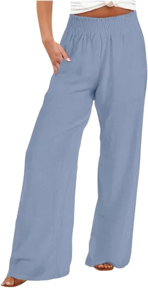 Womens Wide Leg Pants Casual Summer Cotton Linen Pants High Elastic Waist Palazzo Pants Flowy Lounge Beach Pants