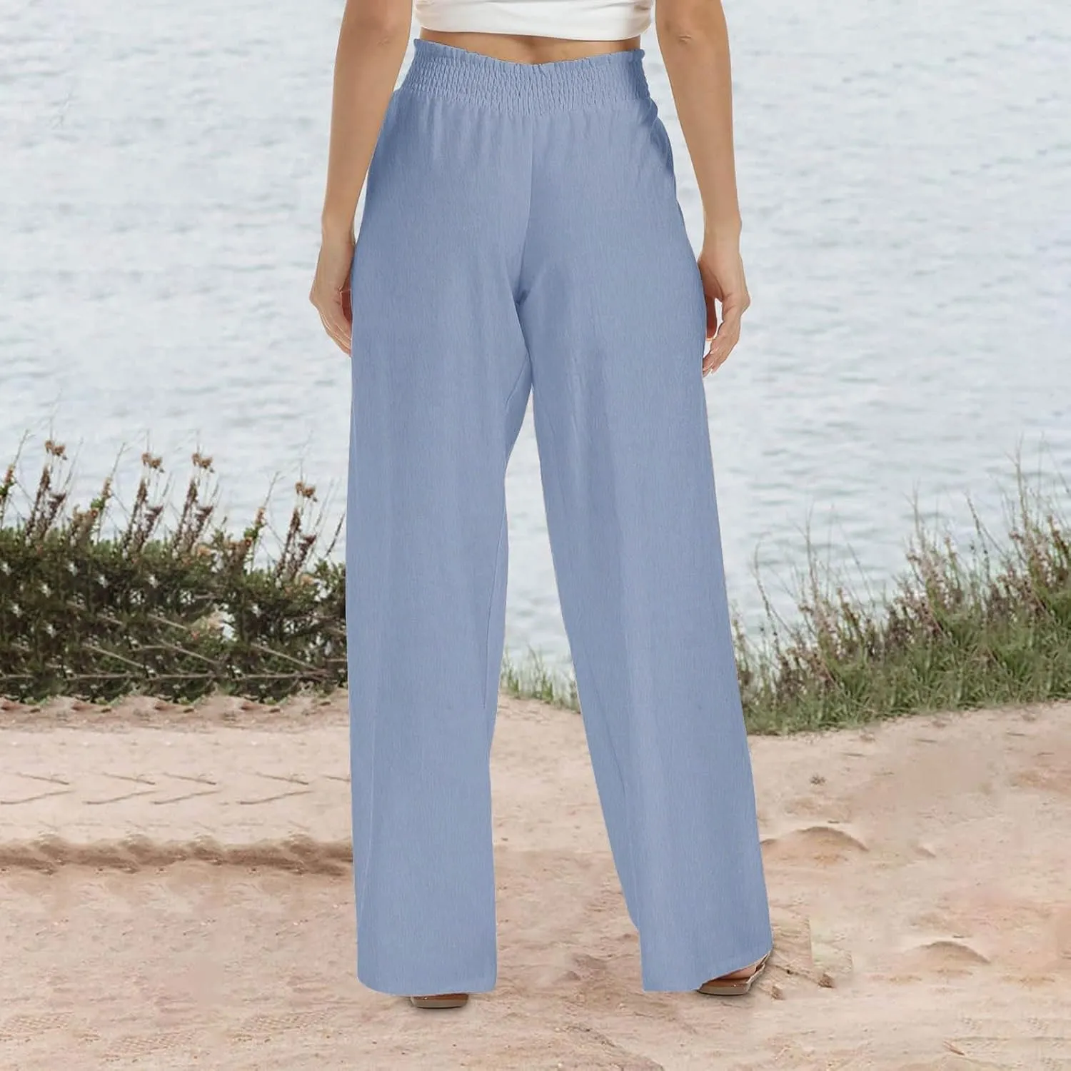 Womens Wide Leg Pants Casual Summer Cotton Linen Pants High Elastic Waist Palazzo Pants Flowy Lounge Beach Pants