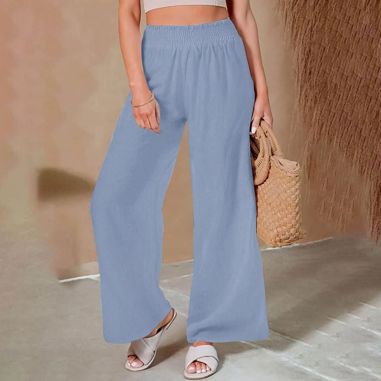 Womens Wide Leg Pants Casual Summer Cotton Linen Pants High Elastic Waist Palazzo Pants Flowy Lounge Beach Pants
