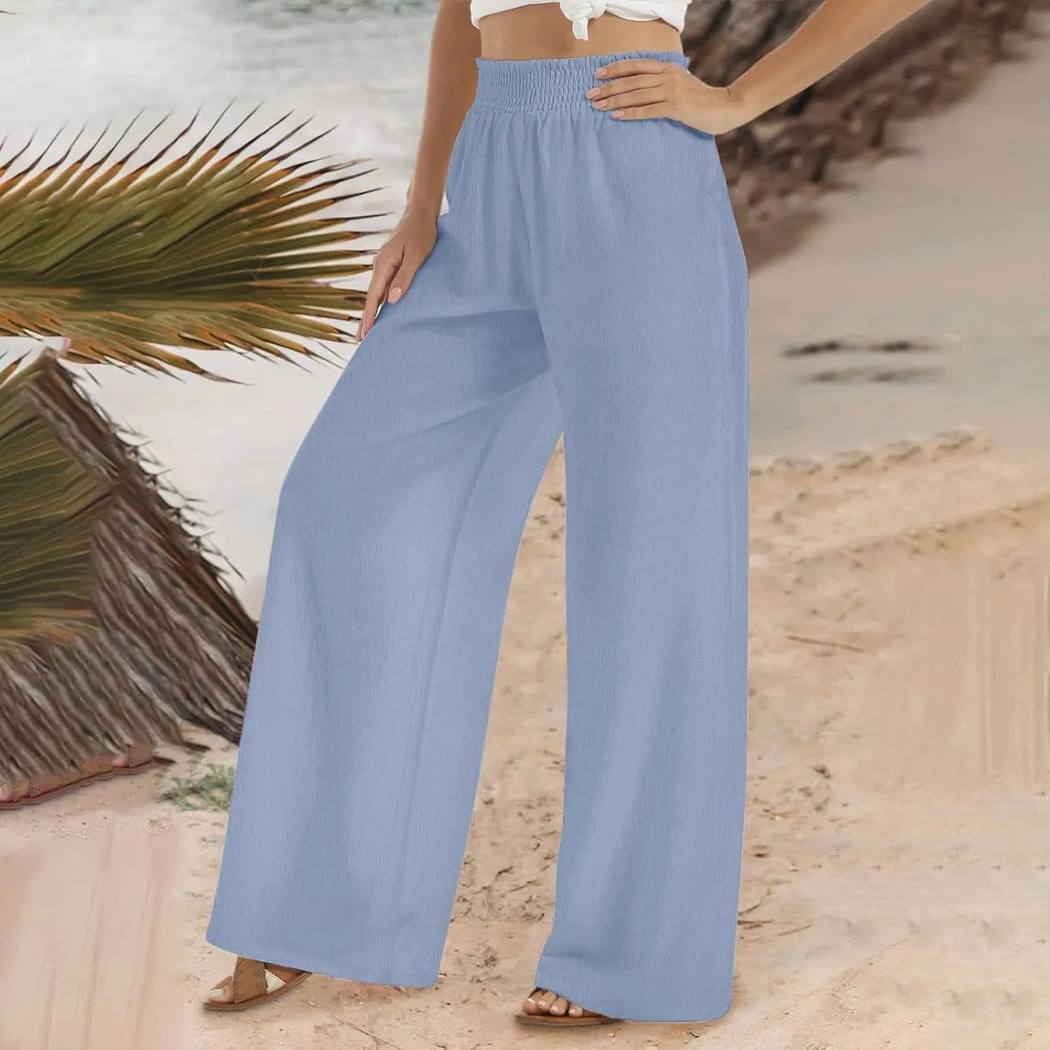 Womens Wide Leg Pants Casual Summer Cotton Linen Pants High Elastic Waist Palazzo Pants Flowy Lounge Beach Pants