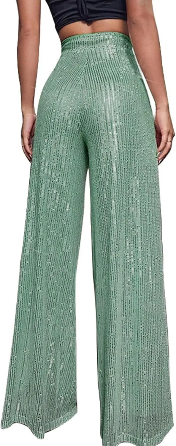 Womens Wide Leg Pants Elastic High Waist Sequin Sparkly Dance Pants Baggy Summer Fashion Baggy Palazzo Stretch Trousers