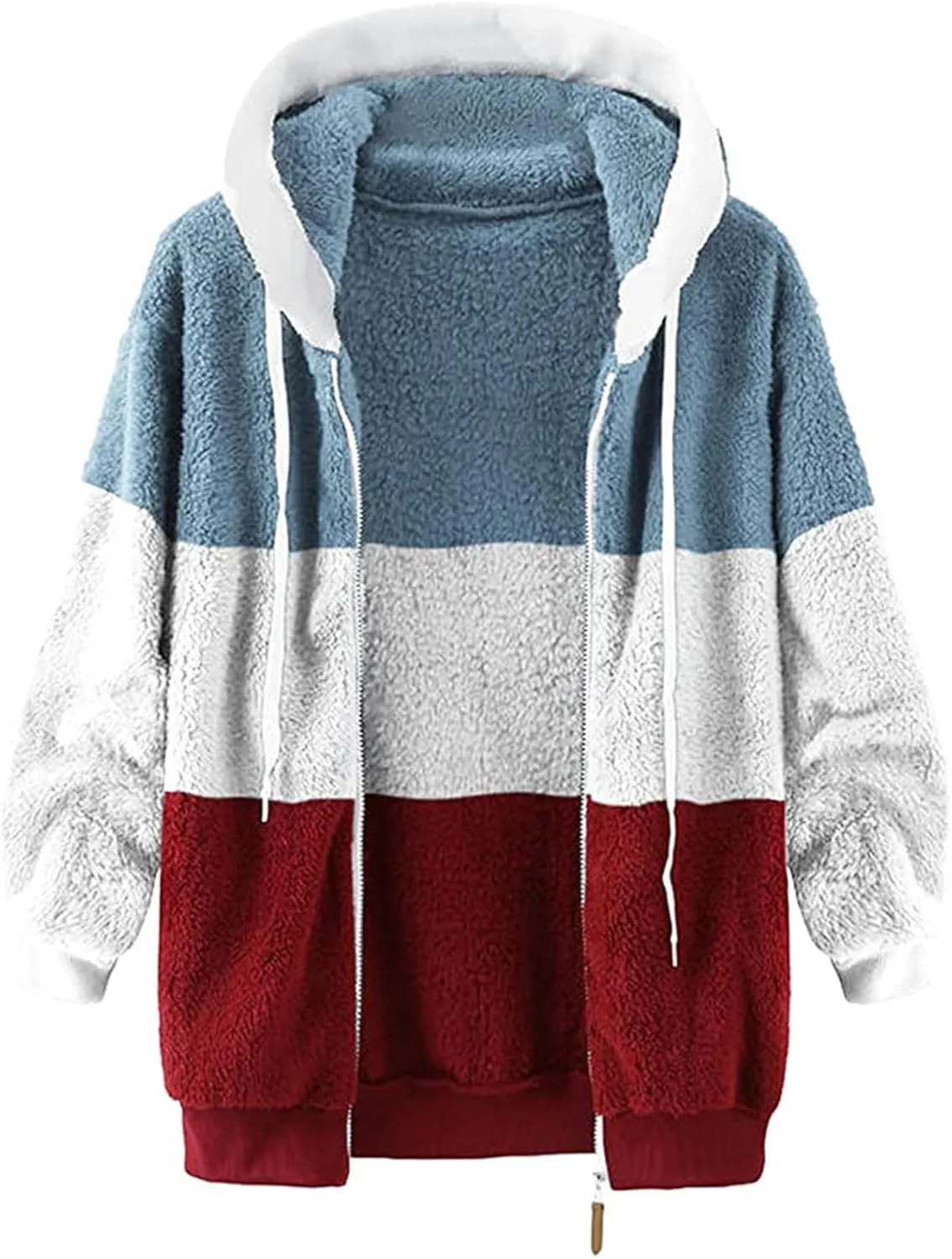 Womens Winter Coats Fuzzy Fleece Zipper Hooded Jacket Color Block Patchwork Outdoor Loose Comfy Warm Sherpa Outerwear