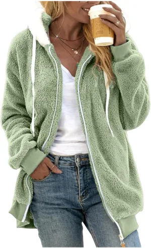 Womens Winter Coats Fuzzy Fleece Zipper Hooded Jacket Color Block Patchwork Outdoor Loose Comfy Warm Sherpa Outerwear